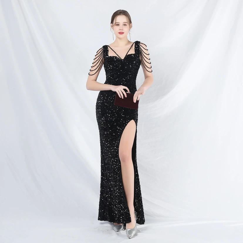 Ladies And Celebrities Formal Occasions Velvet-Bottomed Hand-Beaded Long Evening Dress view 59