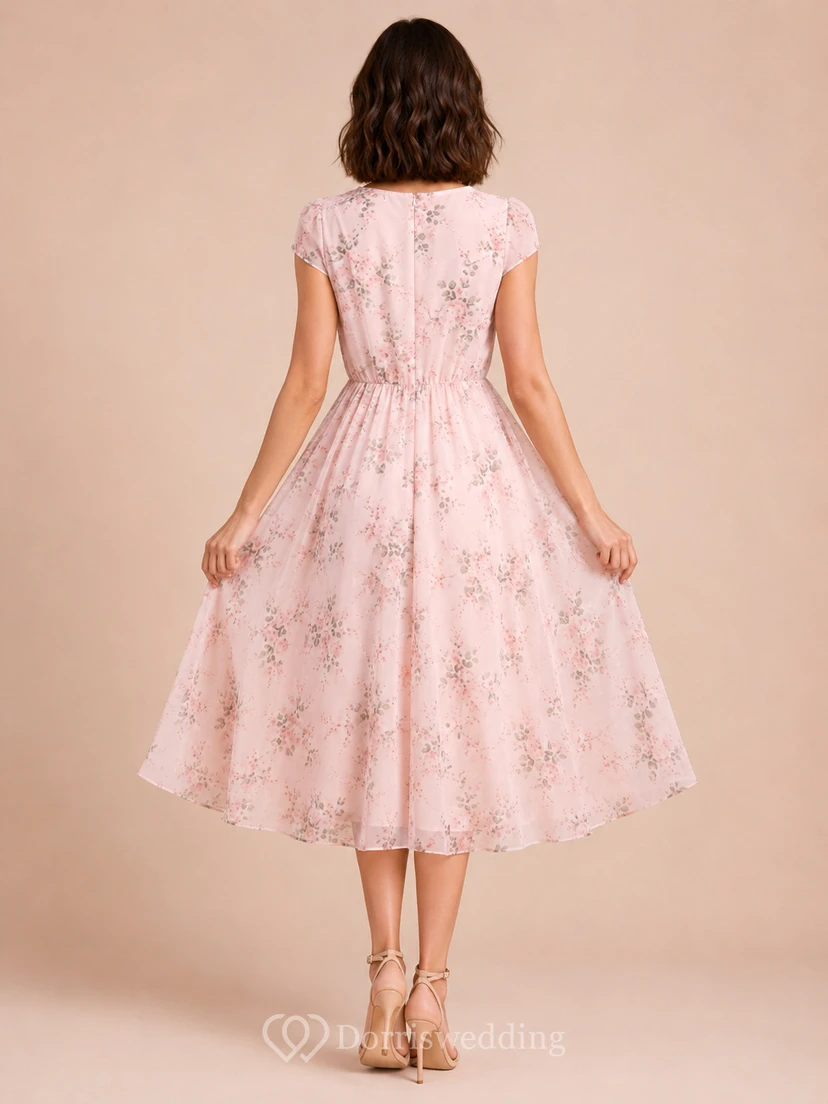 Blush Floral Cap Sleeve Tulle Occasion Tea Dress view 2
