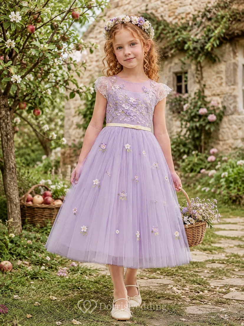 A-Line Flowergirl Lavender Tulle Floor-Length Floral Applique Cap Sleeve Cottagecore Wedding Dress