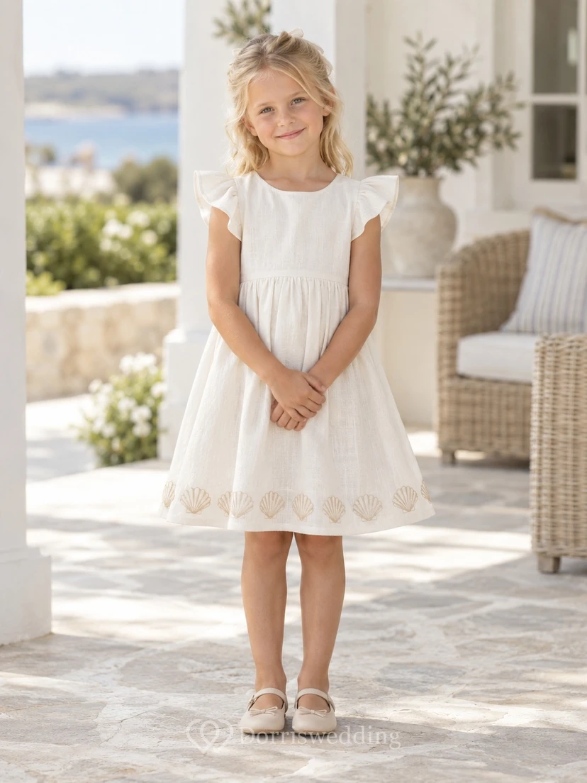 Modest Simple Ivory Knee Length Shell Border Compact Flutter Sleeve Beach Flower Girl Dress view 2