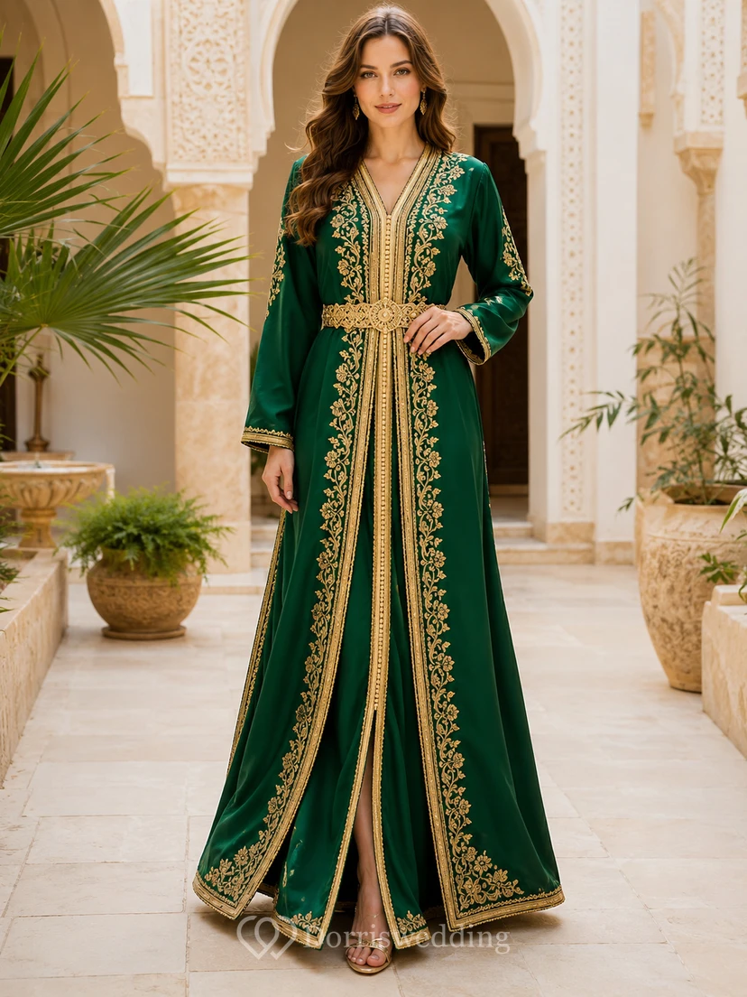 Emerald Satin Takchita A Line Floor Length V Neck Gold Embroidered Long Sleeve Dress