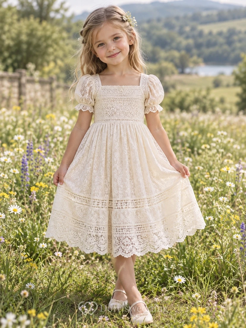 Square Neck Cream Puff Sleeve Banded Scalloped Gathered Tea-length Lace A-Line Flowergirl Dress