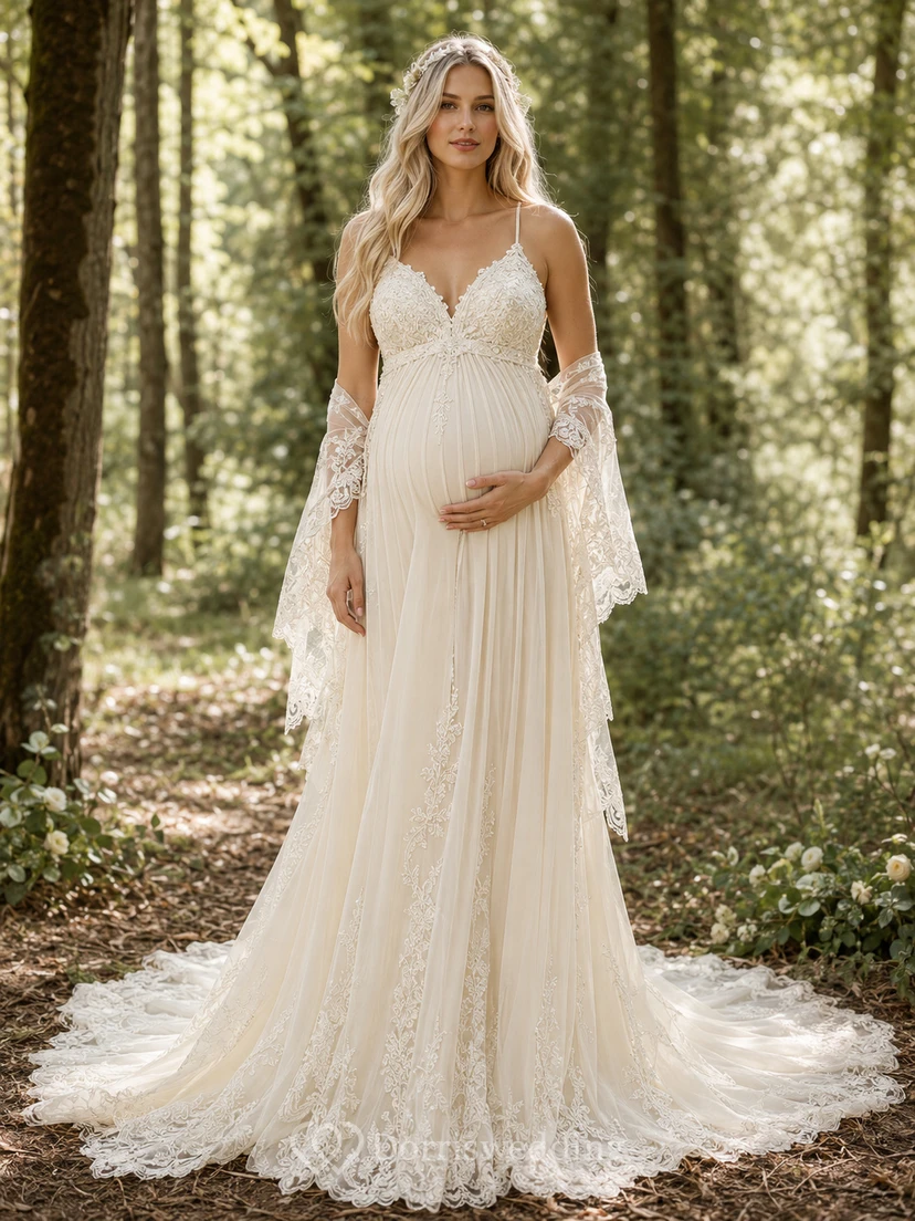 Umstands-Hochzeitskleid mit Spaghettiträgern, Spitzenschleier und Waldmotiv