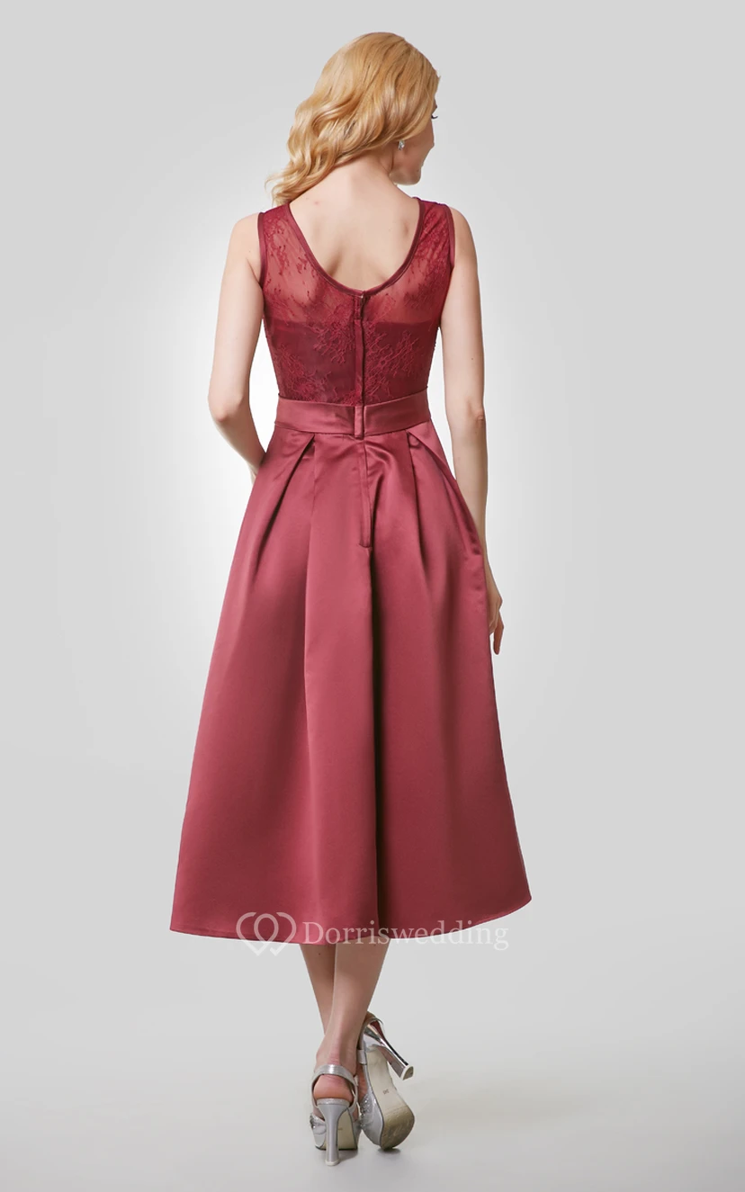 Tea Length A-Line Satin Dress With Lace Bodice and Scoop Neck view 3
