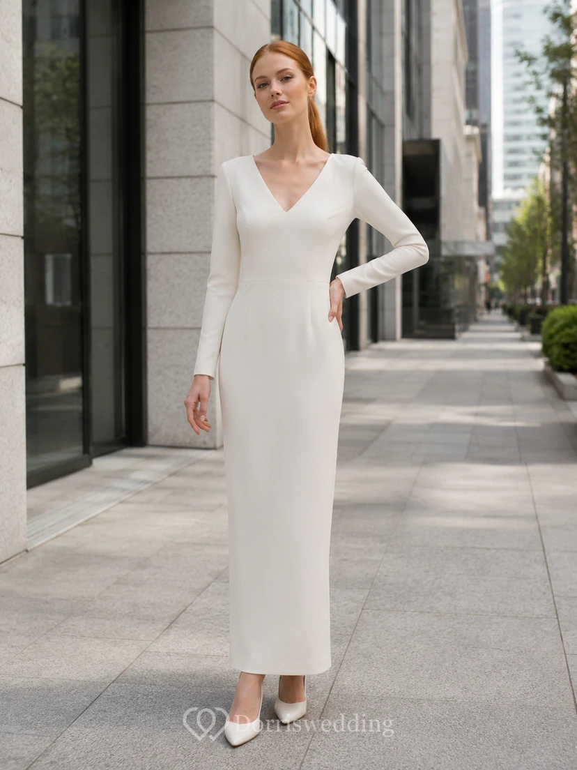 Courthouse Minimalist V-Neck Long Sleeve Sheath Wedding Dress