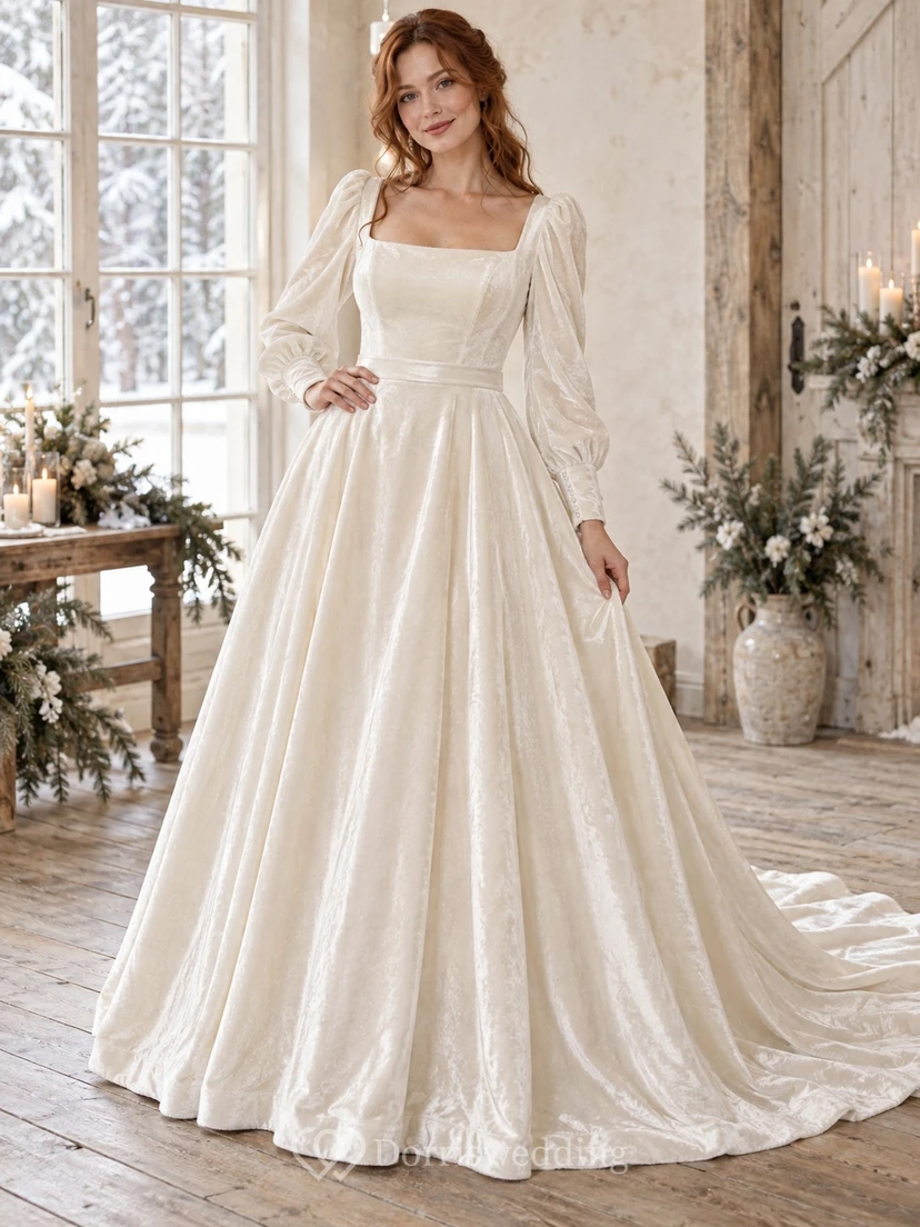 Vestido de novia de terciopelo de corte princesa con escote cuadrado y mangas largas estilo obispo.