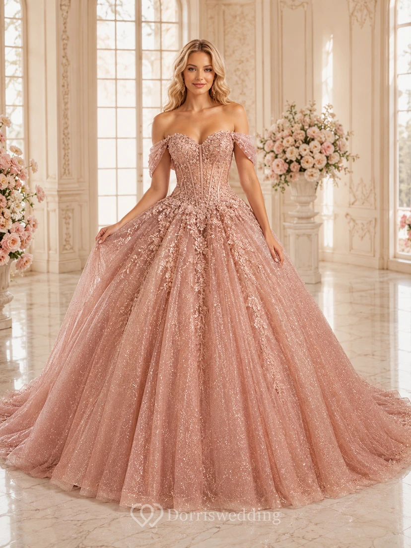 Robe de bal de princesse de quinceañera en tulle pailleté or rose doré, épaules dénudées et traîne chapelle