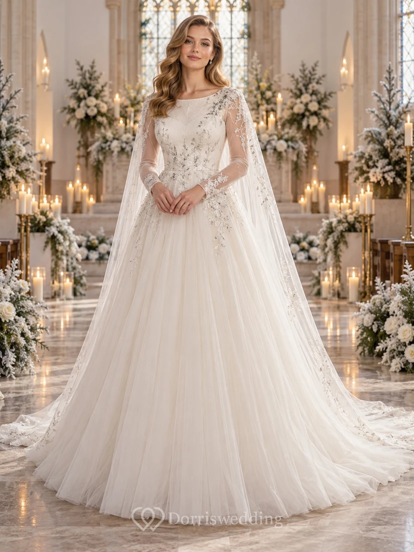Vestido de novia de manga larga con escote barco, falda plisada de tul y encaje, capa