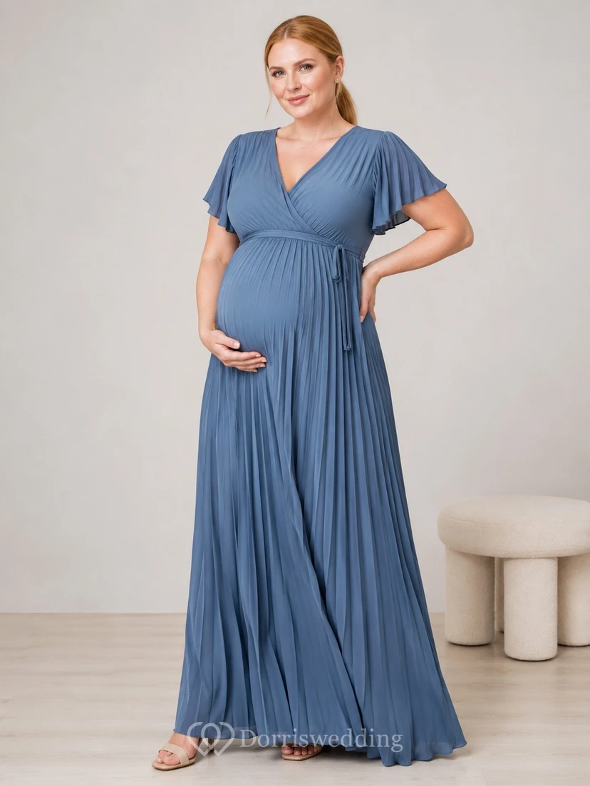 Slate Blue Plus Size Maternity V-Neck Short Sleeve Jersey A-Line Dress