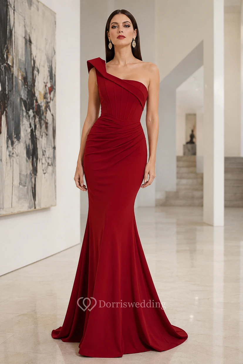Robe de soirée sirène bordeaux à une épaule