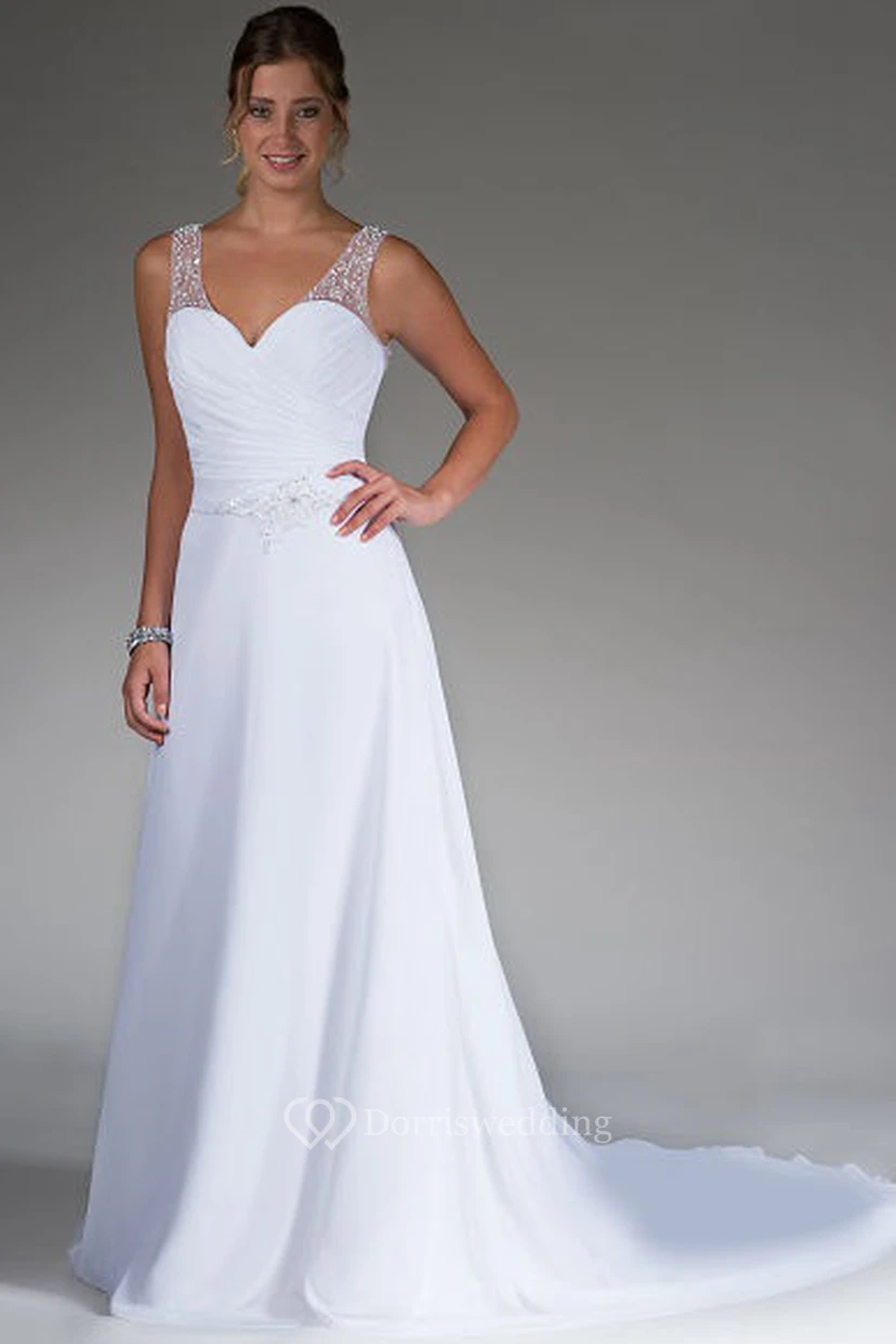 V Neck Pearl Straps A-Line Bridal Gown With Illusion Back
