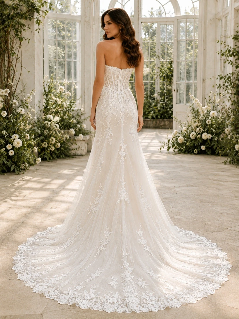 Vestido de novia catedral sin tirantes de encaje con cintura estilo vasco floral sirena view 2