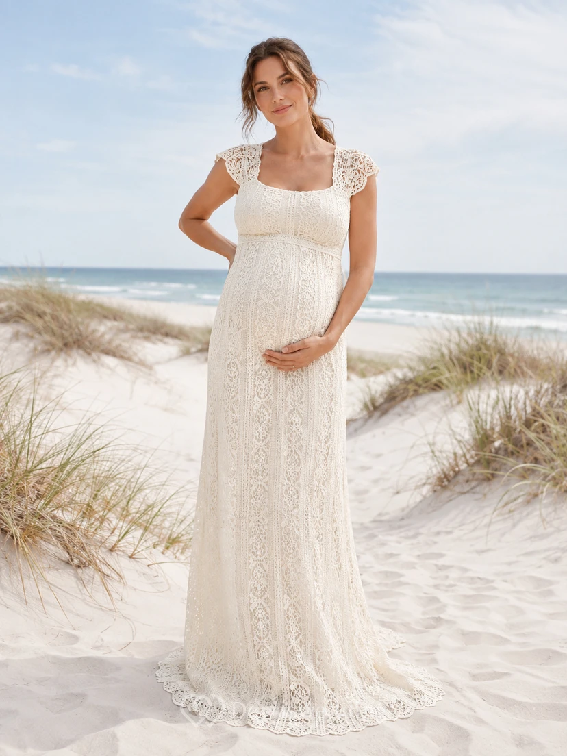 Vestido de novia premamá con escote cuadrado, mangas cortas, encaje integral y falda larga hasta el suelo.