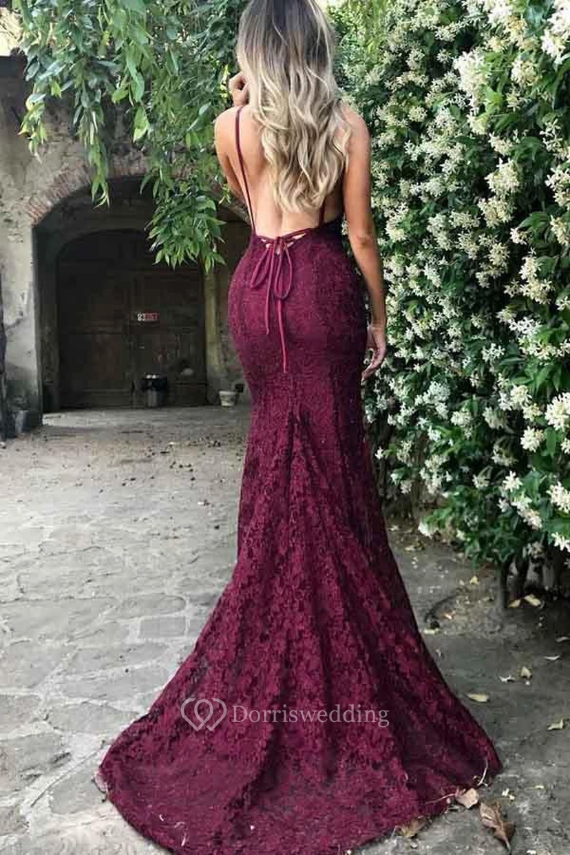 Mermaid Trumpet Lace V-neck Sleeveless Open Back Lace-up Corset Back Dress view 2
