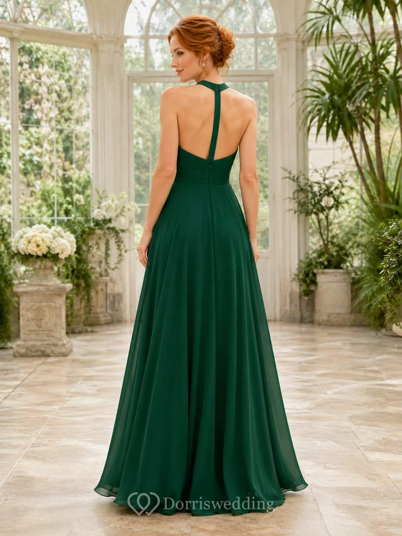 Emerald Halter Chiffon A-Line Floor-length Flowing Formal Evening Gown view 2