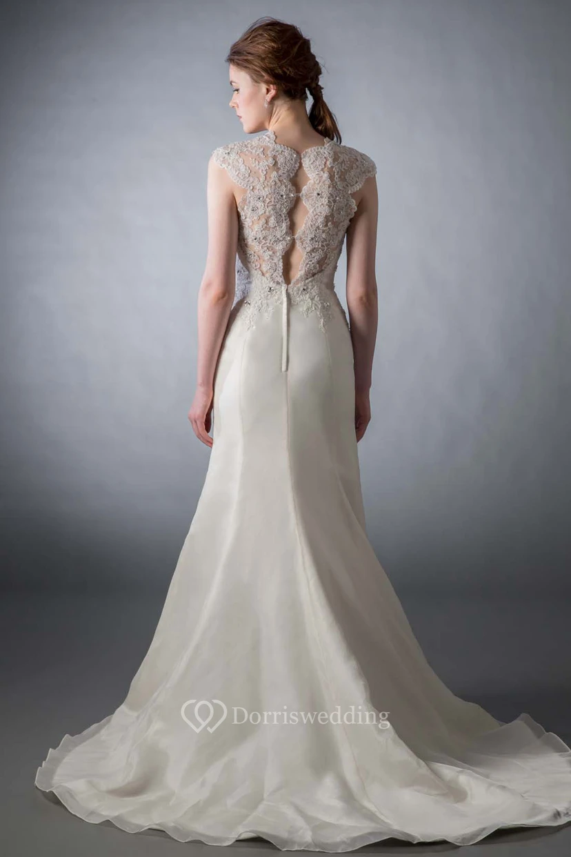 Sheath Jewel Floor-Length Cap-Sleeve Appliqued Satin Wedding Dress With Illusion Back And Beading view 2