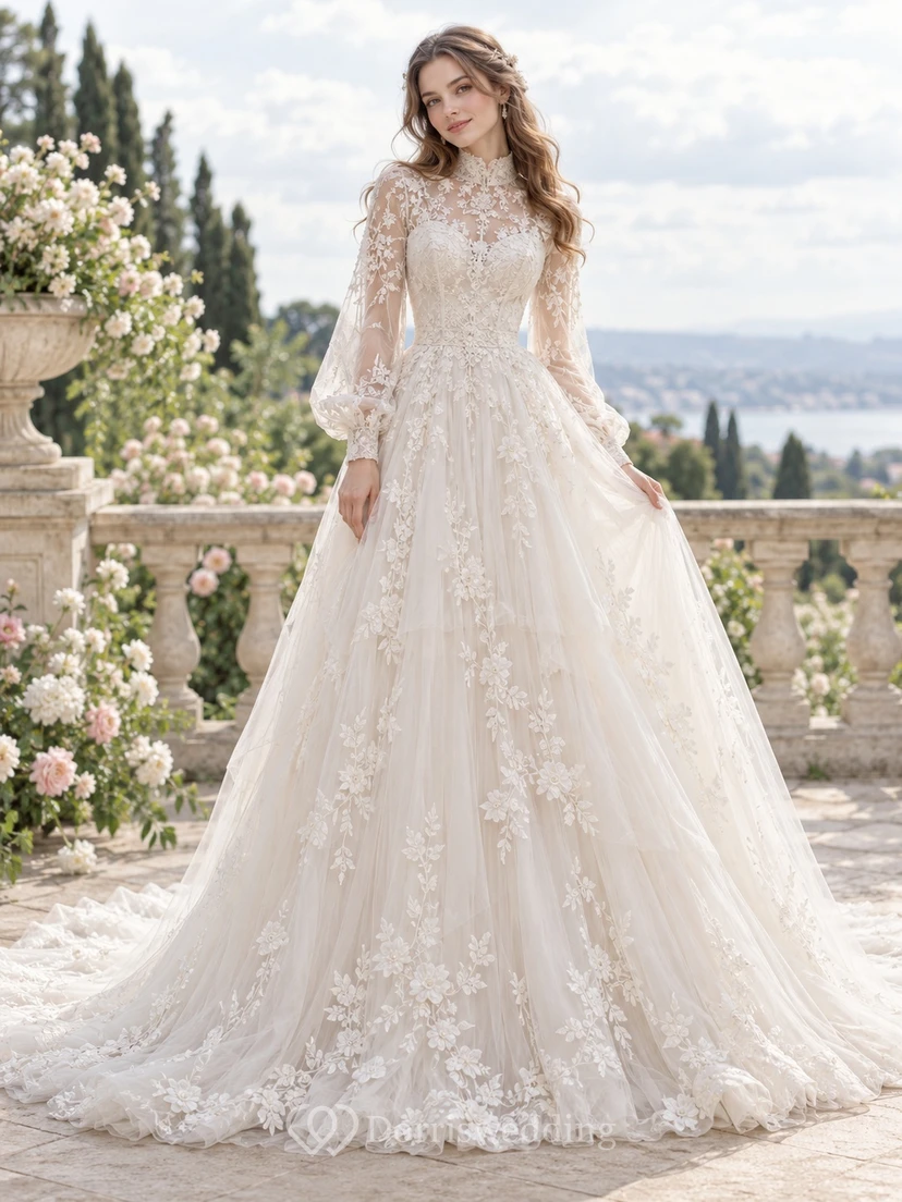 Modest High Neck Long Poet Sleeve Applique Tulle Wedding Dress