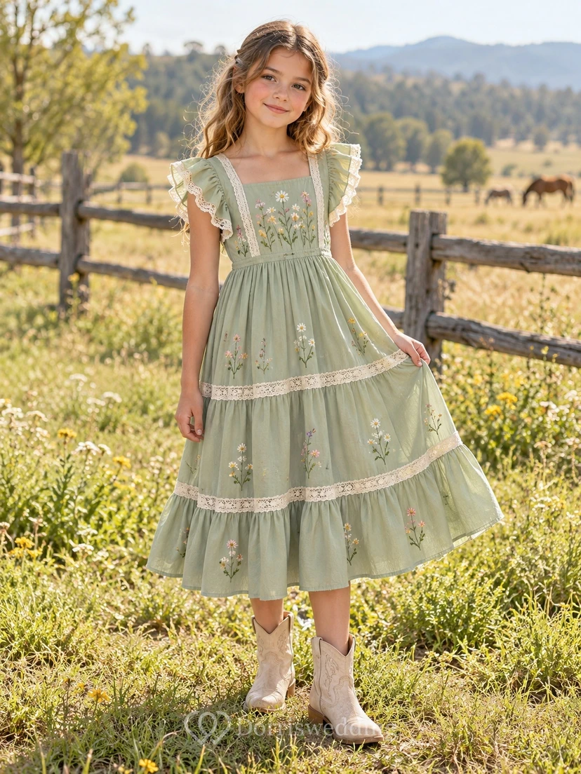 Western Sage Floral Flutter Sleeve Lace Trim Flower Girl Dress