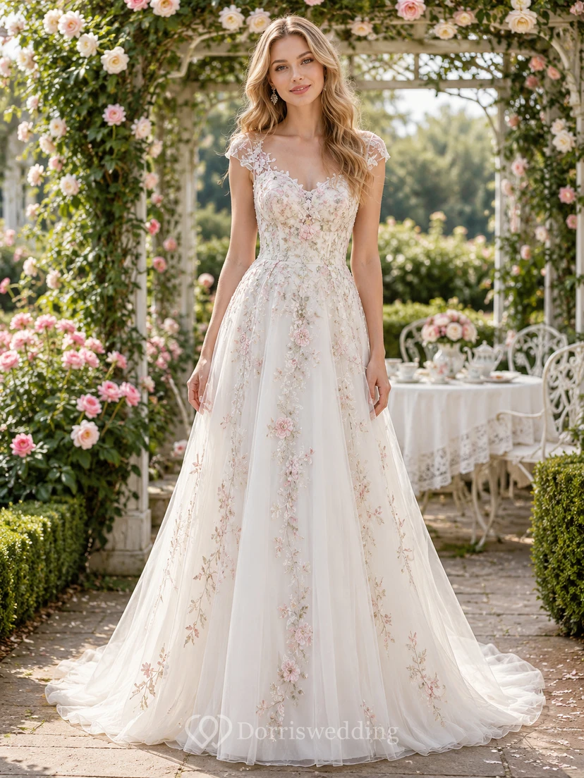 Vestido de novia de corte A con mangas cortas y estampado floral estilo jardín inglés