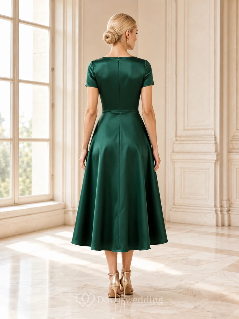 Dunkelgrünes, juwelenfarbenes, kurzärmeliges, plissiertes Vintage-Teegastkleid aus Satin, das an ein Kleid view 2