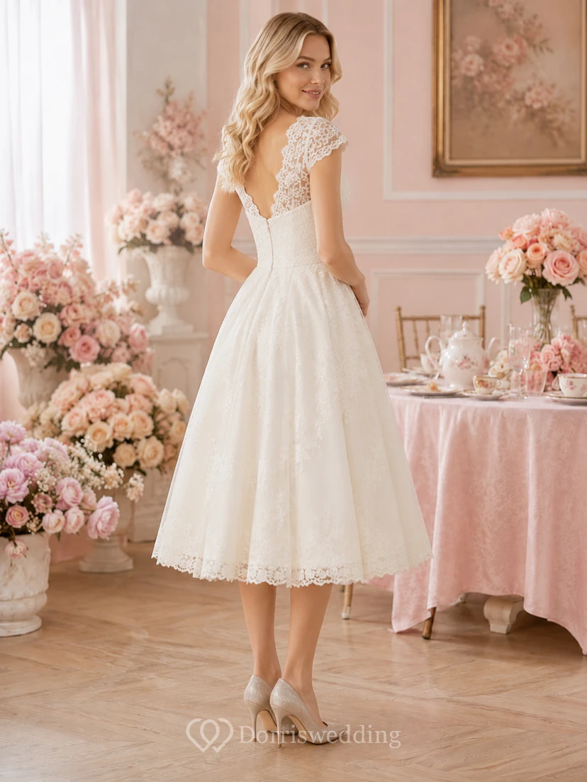 Robe de mariée trapèze en dentelle, coupe A, longueur thé, décolleté cœur et manches courtes, bustier cœur view 2