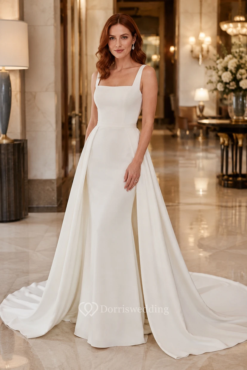 Robe de mariée minimaliste en satin, fourreau, col carré, sans manches, traîne et fente.