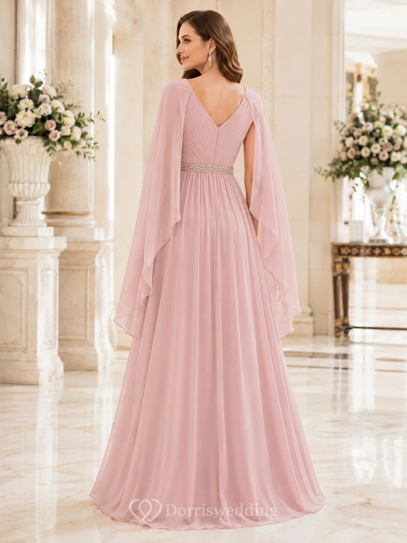 Romantisches, bodenlanges, formelles Cape-Kleid aus altrosafarbenem Chiffon in A-Linie mit V-Ausschnitt view 2