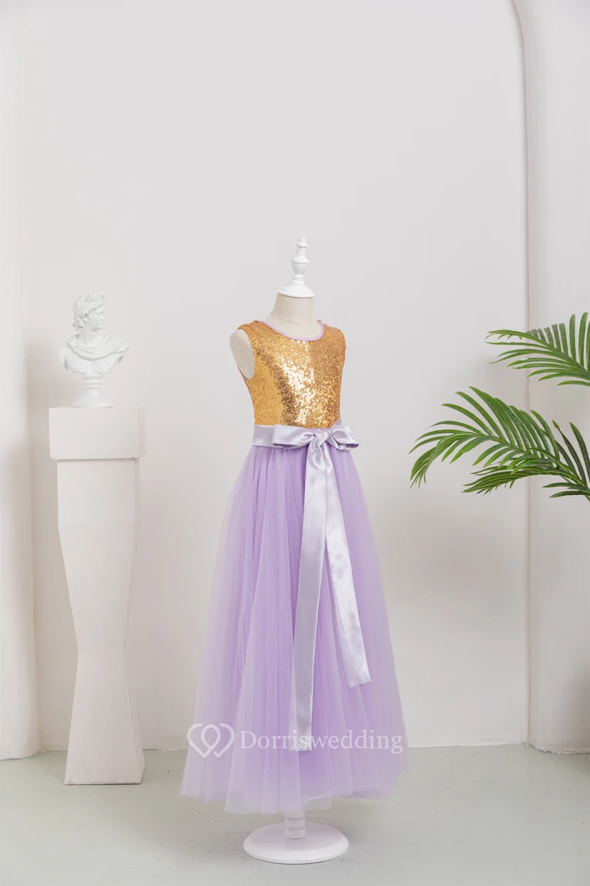 Two-Tone Scoop-neck Empire Tulle A-line Flowergirl Dress with Bow view 3