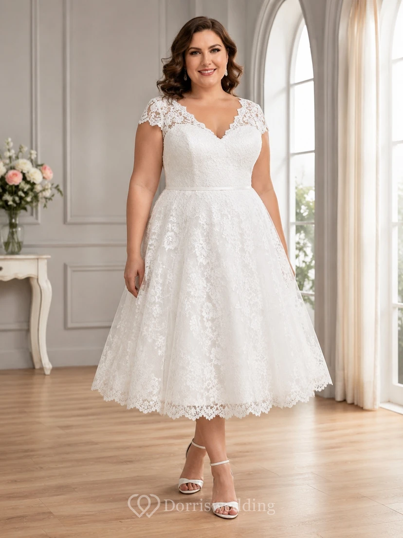 Romantisches, klassisches Brautkleid in Übergröße mit Spitze, herzförmigem Ausschnitt, kurzen Ärmeln, A-Linien-Schnitt und Teelänge
