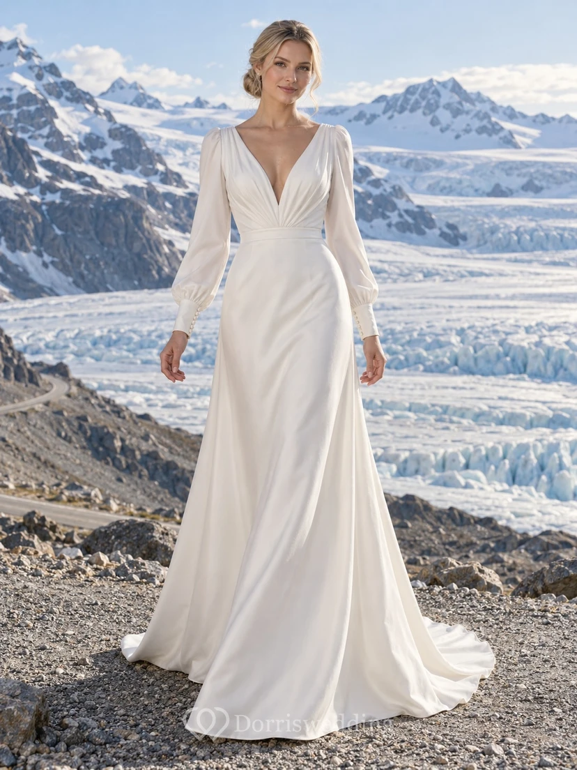 Simple Long Sleeve V Neck Cotton Sateen Mermaid Wedding Dress with Button Cuffs and Train
