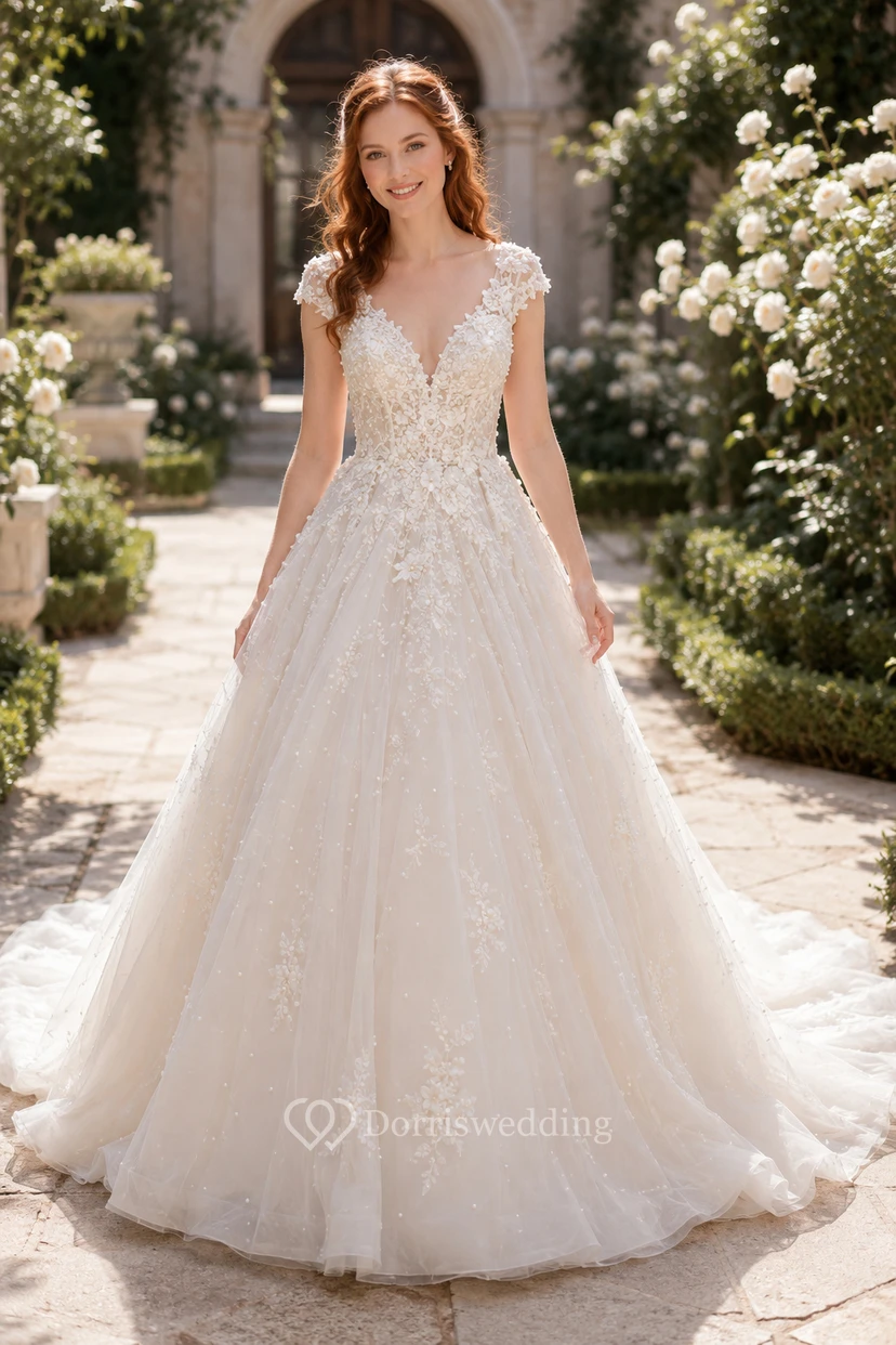 Vestido de novia de gala con mangas cortas, apliques y falda de tul.