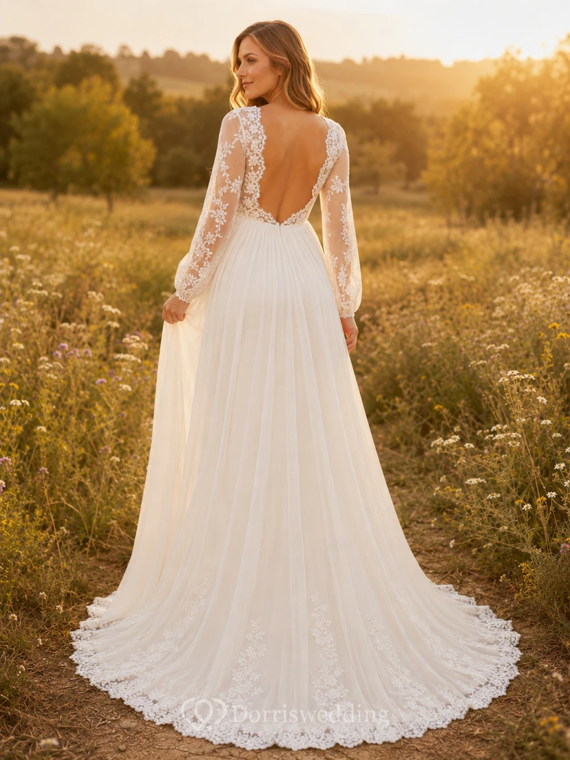 Boho A-Line Maternity Wedding Dress V-Neck Long Lace Sleeve Gown with Low Back view 2