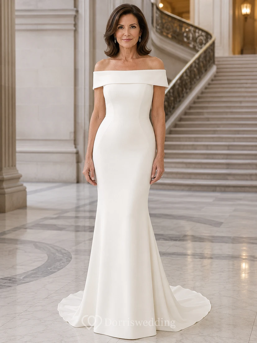 Modern Elegant Off Shoulder Sleeveless Satin Mermaid Court Train Wedding Dress