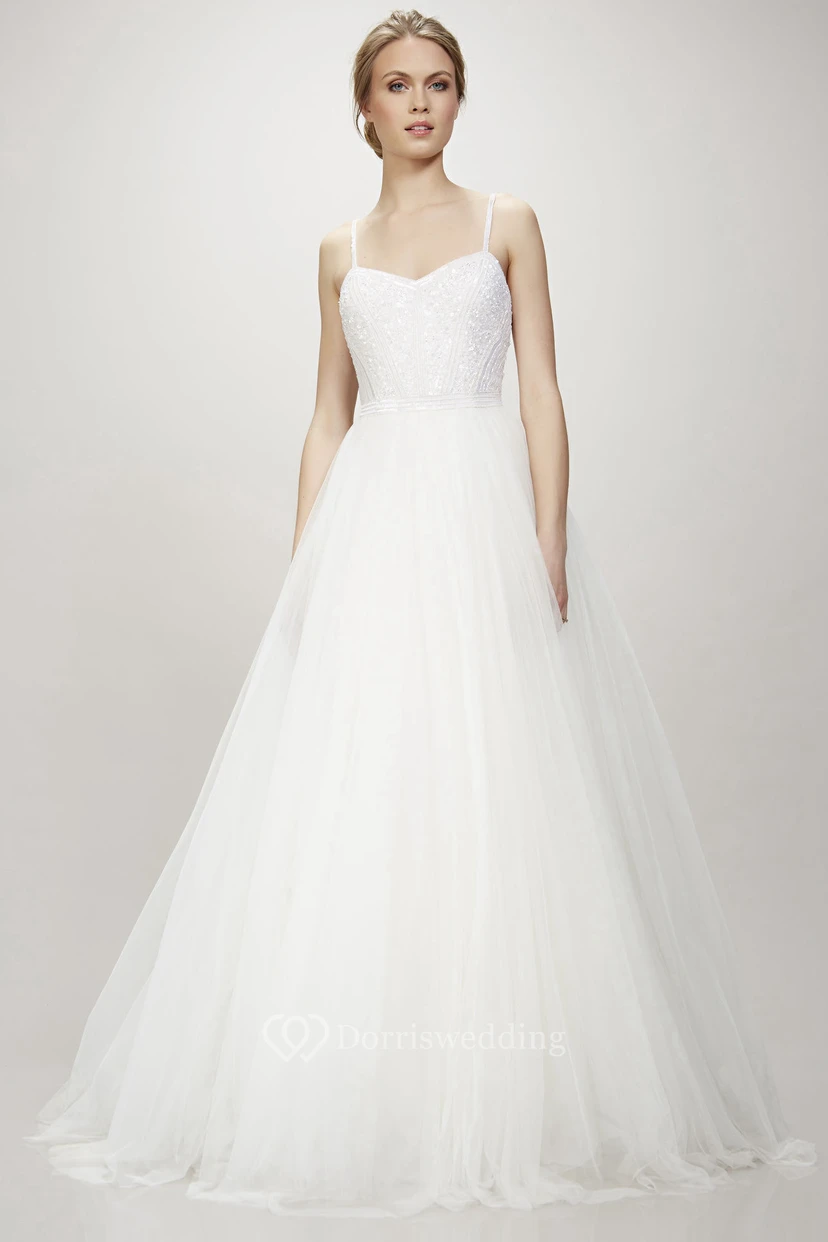 A-Line Sleeveless Beaded Long Spaghetti Tulle Wedding Dress With Zipper Back And Ruffles