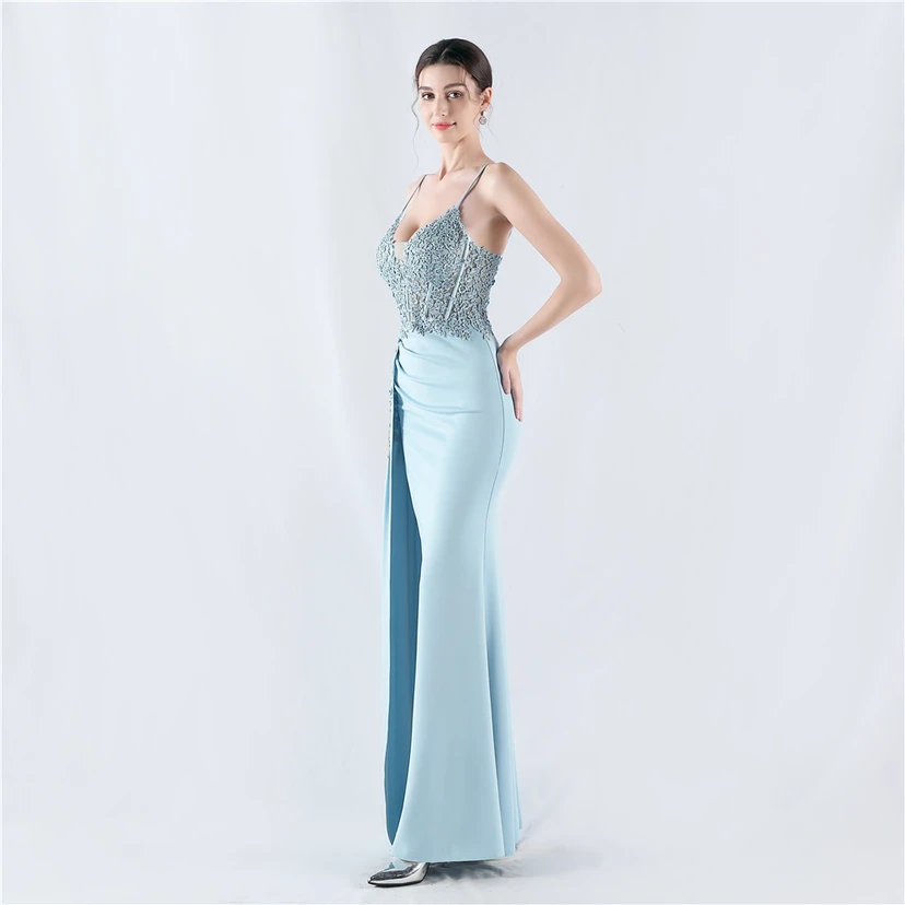 Heavy Hot Diamonds And Flower-Set Waisted Fishbone Satin Evening Dress Annual Meeting Wedding view 21