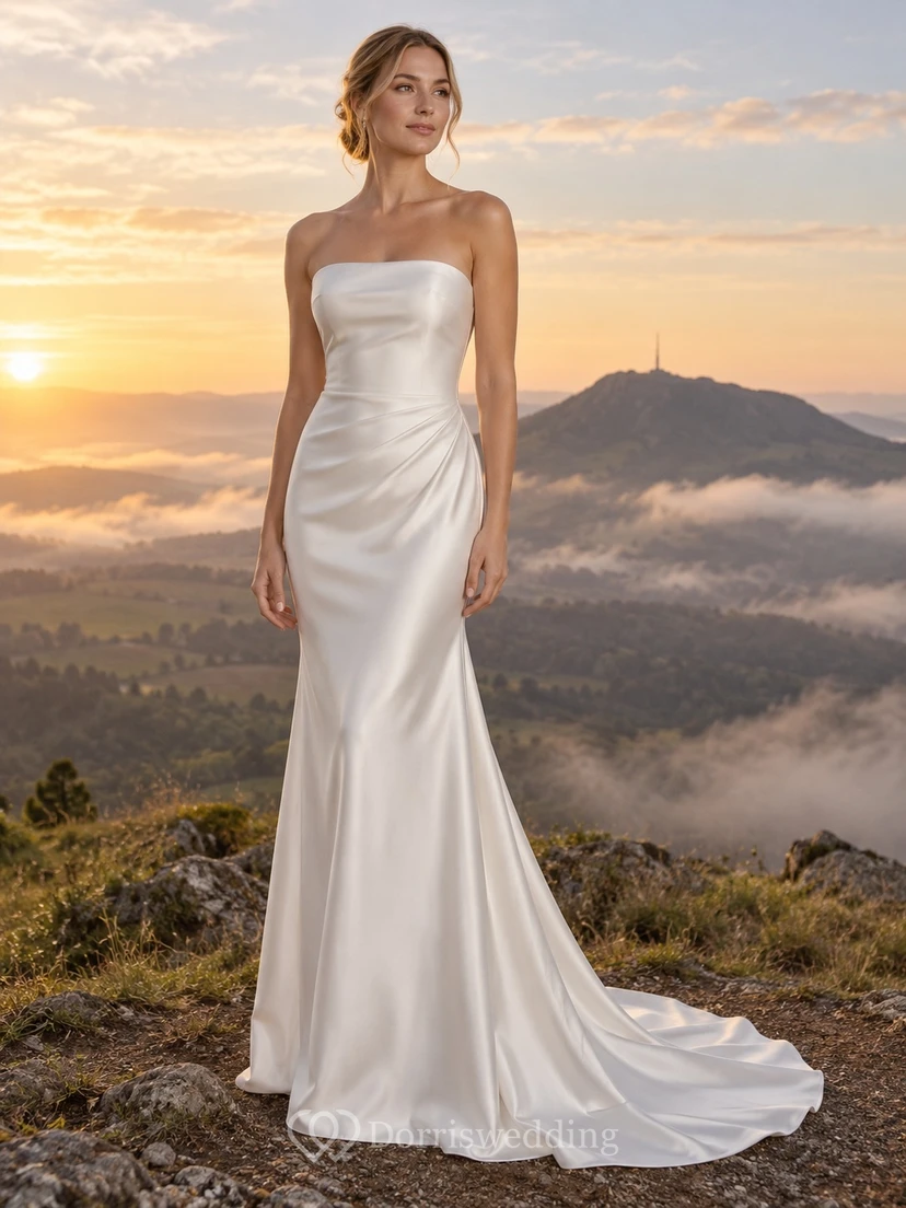 Vestido de novia sencillo de satén estilo sirena, sin tirantes y con cola larga.