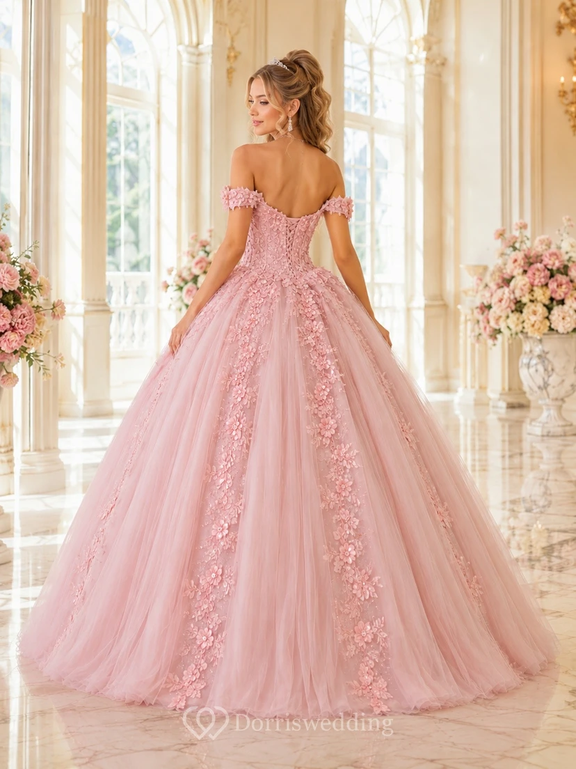 Off Shoulder Floral Tulle Ball Gown Blushing Pink Quinceanera Dress view 2