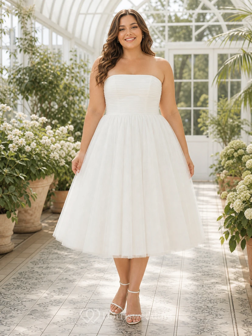 Tea-length Strapless A-line Simple Beach Ruched Casual Wedding Dress view 5