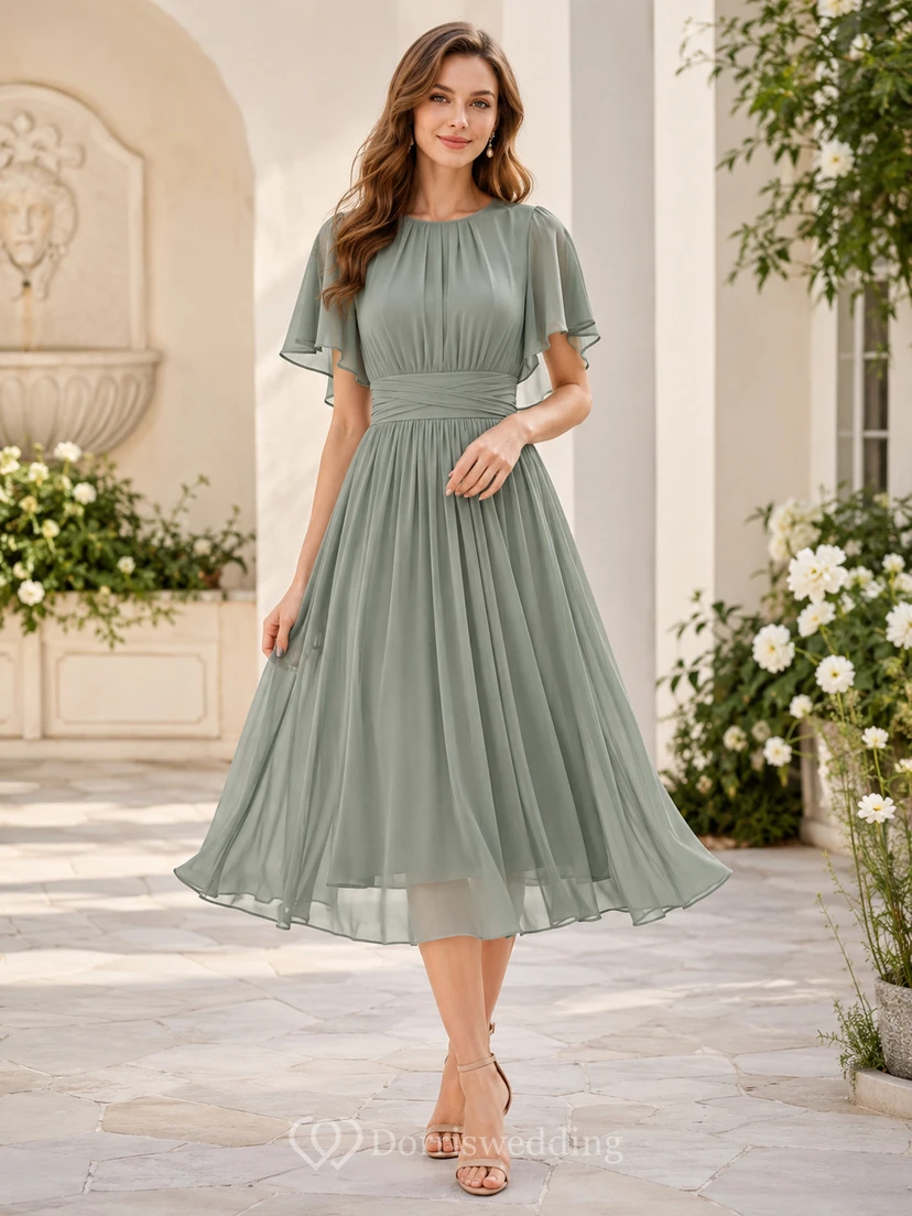 Meadow Breeze Celadon A-Line Tea-Length Jewel Short-Sleeve Chiffon Elegant Guest Dress