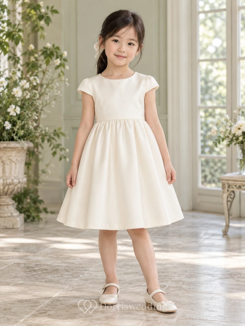 Modest Simple Cream Knee Length Cap Sleeve Pleated Satin Long Tail Bow Flower Girl Dress view 2