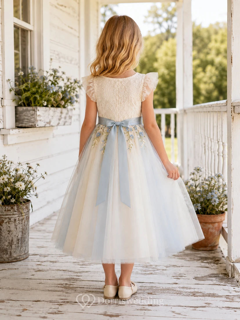Mist Floral Embroidery Lace Flutter Sleeve Tulle Flower Girl Garden Tea-Length Dress view 2