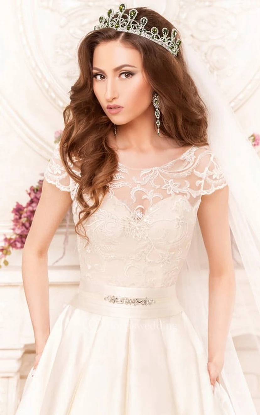 A-Line Floor-Length Scoop Short-Sleeve Low-V-Back Satin Dress With Lace view 3