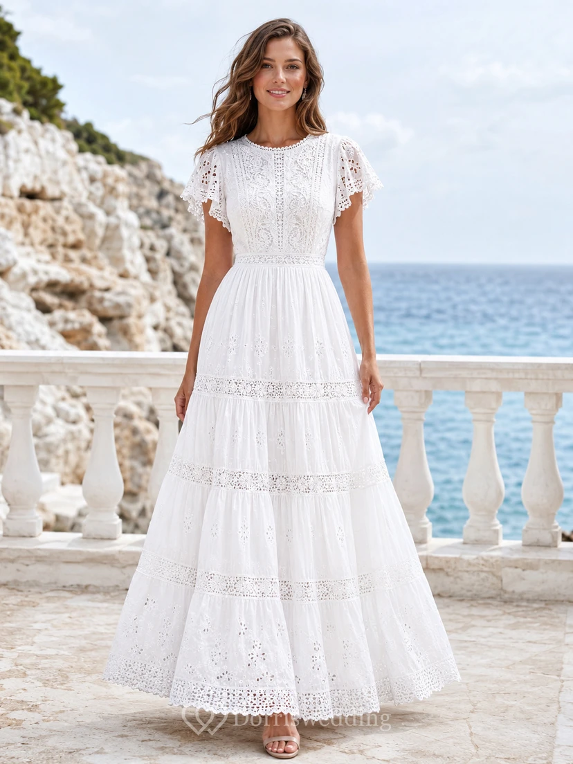 Adlib Jewel Neck Cap Sleeve Eyelet Lace Tiered A Line Beach Wedding Gown