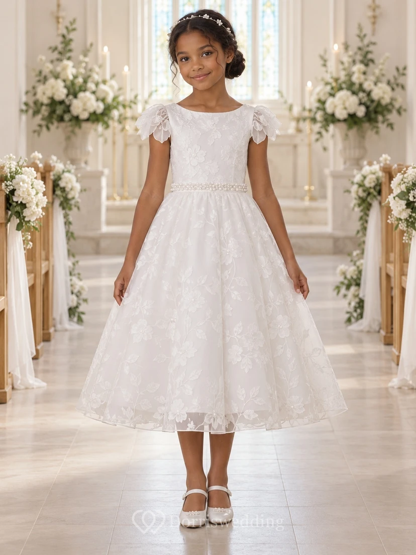 Vestido de niña de flores blanco de corte A con encaje floral, mangas con volantes, espalda en V y doble lazo, largo hasta la rodilla.