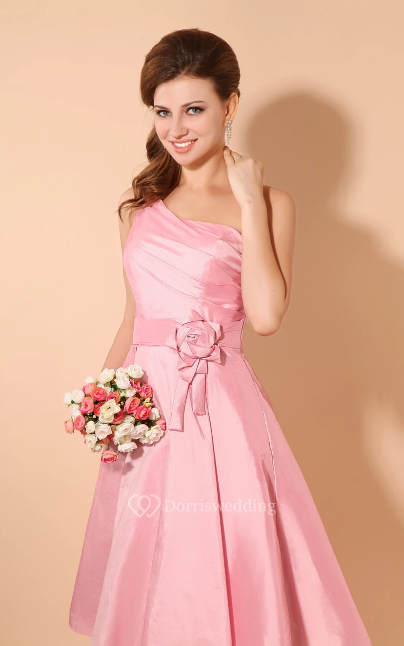 Taffeta Strapless Short Dress With Ruching Top and Flower view 3
