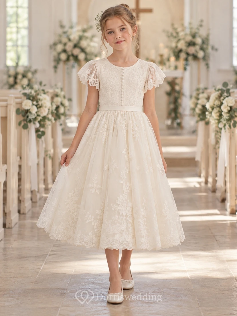Vestido de niña de flores vintage de corte A con encaje floral color marfil, mangas con volantes y botones delanteros, largo hasta la rodilla.