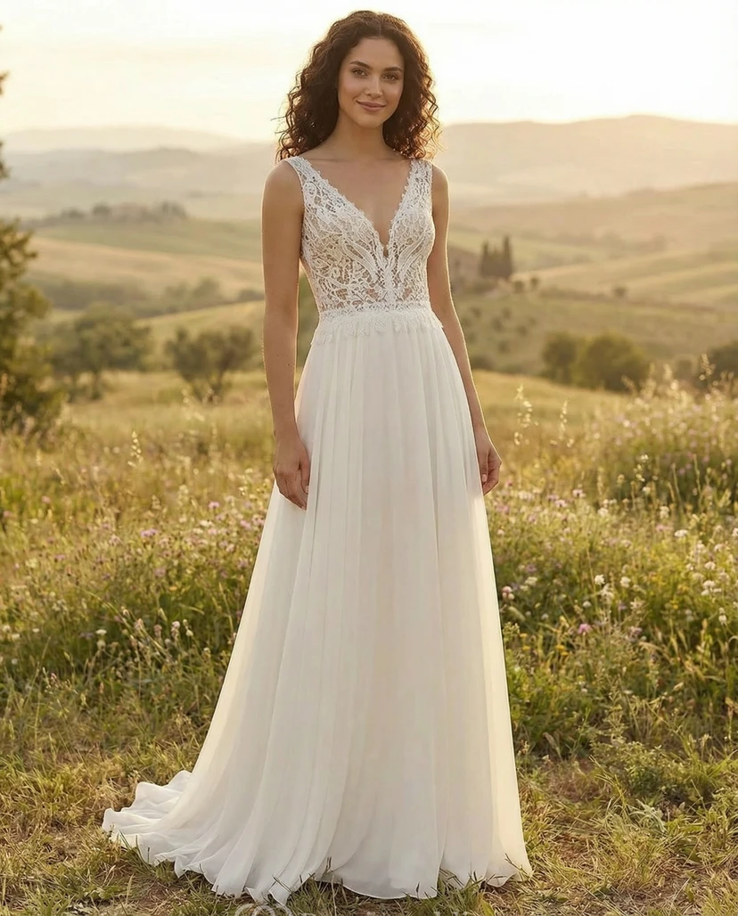 Robe de mariée bohème en mousseline, coupe trapèze, col en V, corsage en dentelle, sans manches