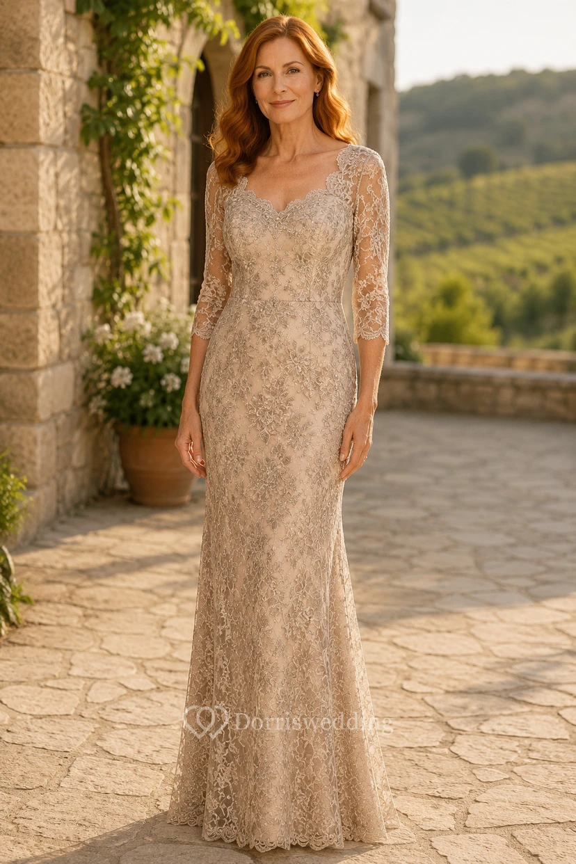 Champagne Long Sleeve Lace Sheath Mother Dress