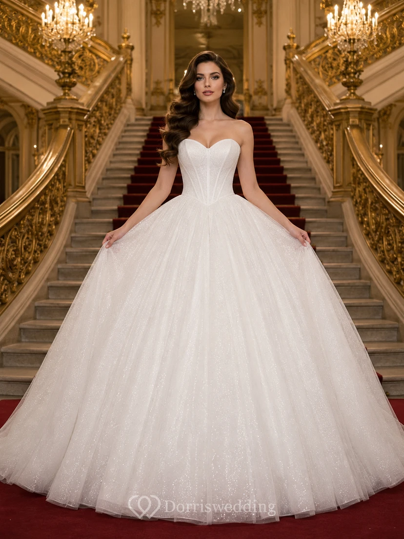Vestido de novia de gala de tul sin tirantes con escote corazón y falda de baile