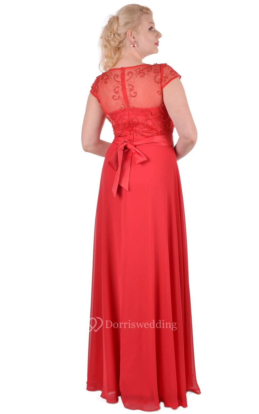Empire Scoop Short Sleeve Empire Chiffon Sash Illusion Dress view 2
